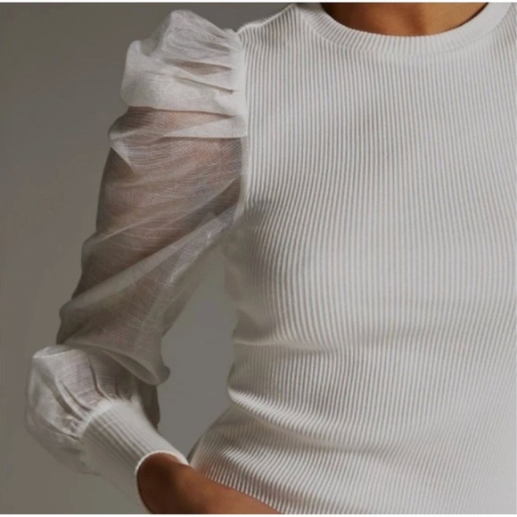 Anthropologie Dolan Sheer Puff Sleeve Ribbed Top Sweater Organza Ivory White‎ S - Picture 3 of 15